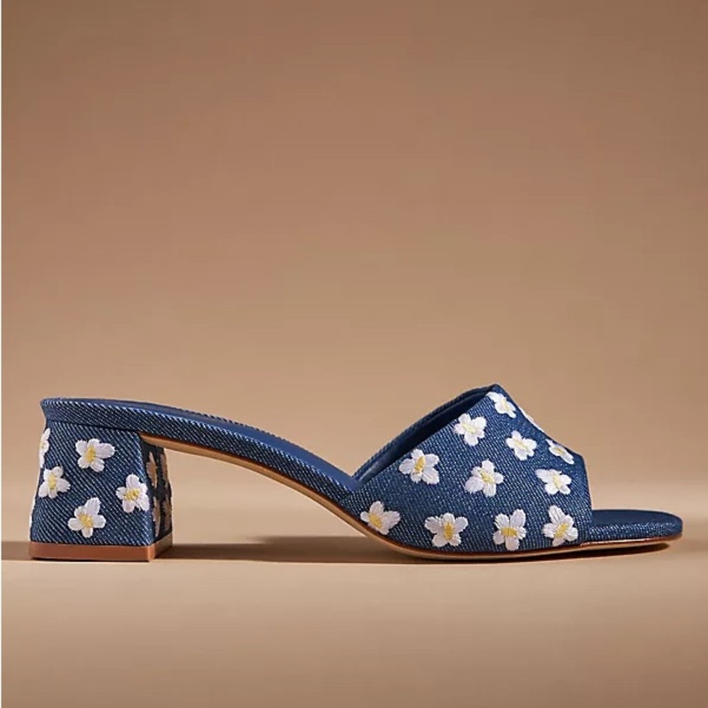 NEW | Larroudé Brigitte Flower-Embroidered Denim Mules - Picture 12 of 13